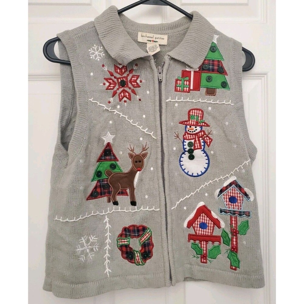Bechamel Woman Gray Christmas Snowman Zip Front Holiday Vest Size PS
